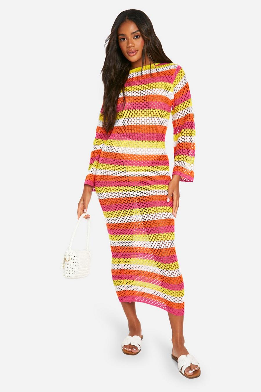 Pink Stripe Crochet Scoop Maxi Knitted Maxi Dress
