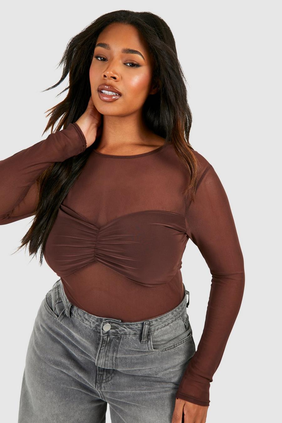 Chocolate Plus Off The Shoulder Slinky And Mesh Bodysuit