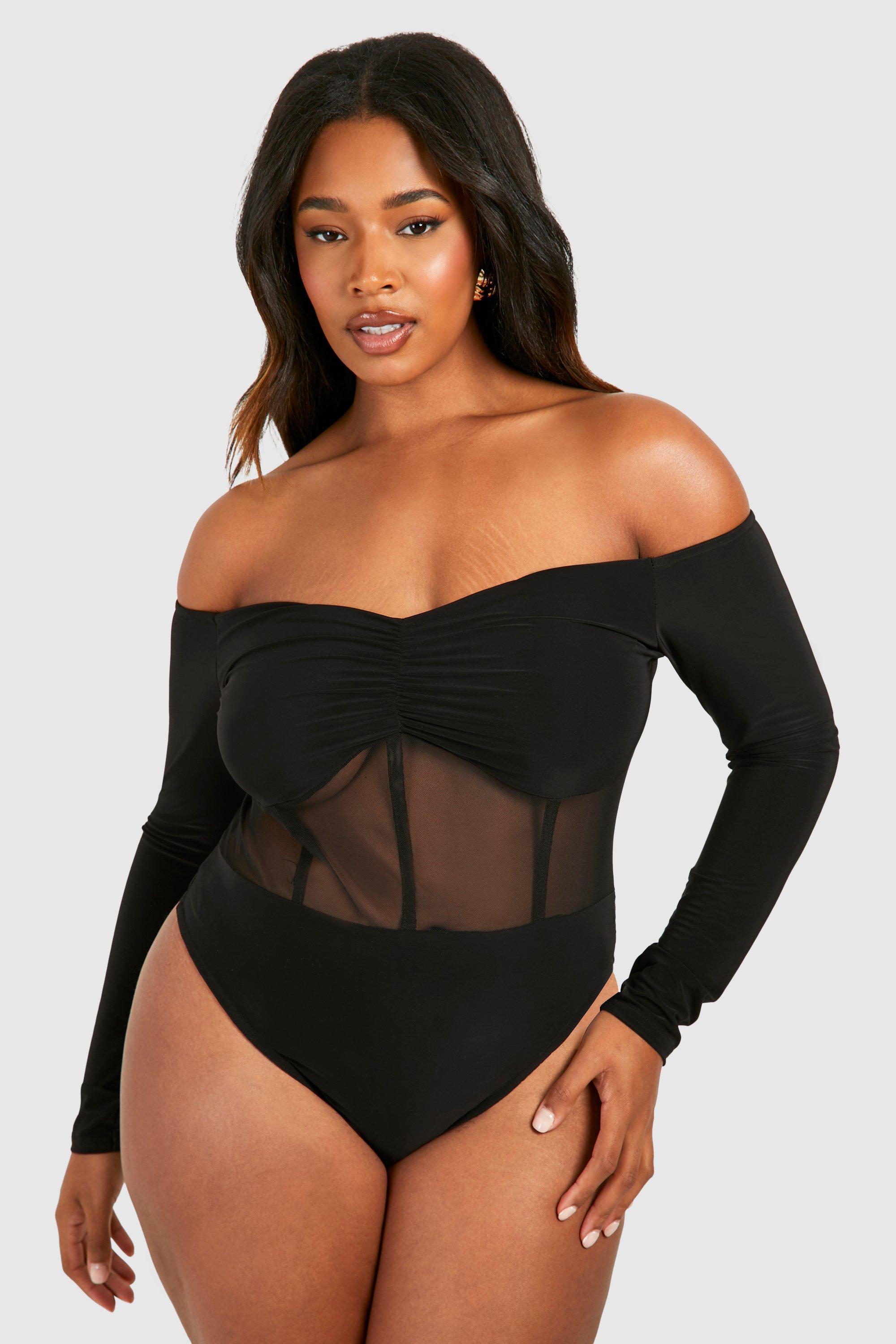 Black Bustier Long Sleeve Mesh Bodysuit