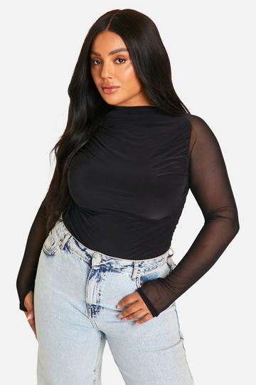 Plus Mesh Slash Neck Ruched Bodysuit black