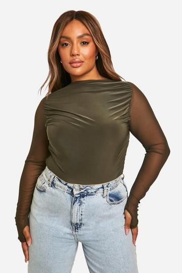 Plus Mesh Slash Neck Ruched Bodysuit khaki