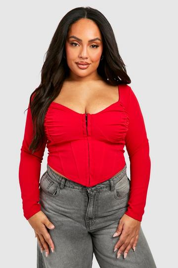 Red Plus Ruched Detail Hook And Eye Corset Top