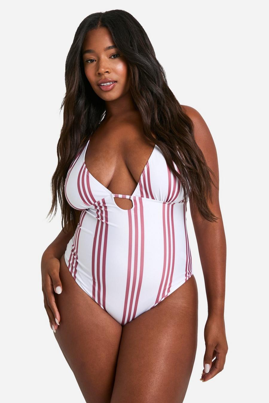 White Plus Stripe Strap Detial Swimsuit  image number 1