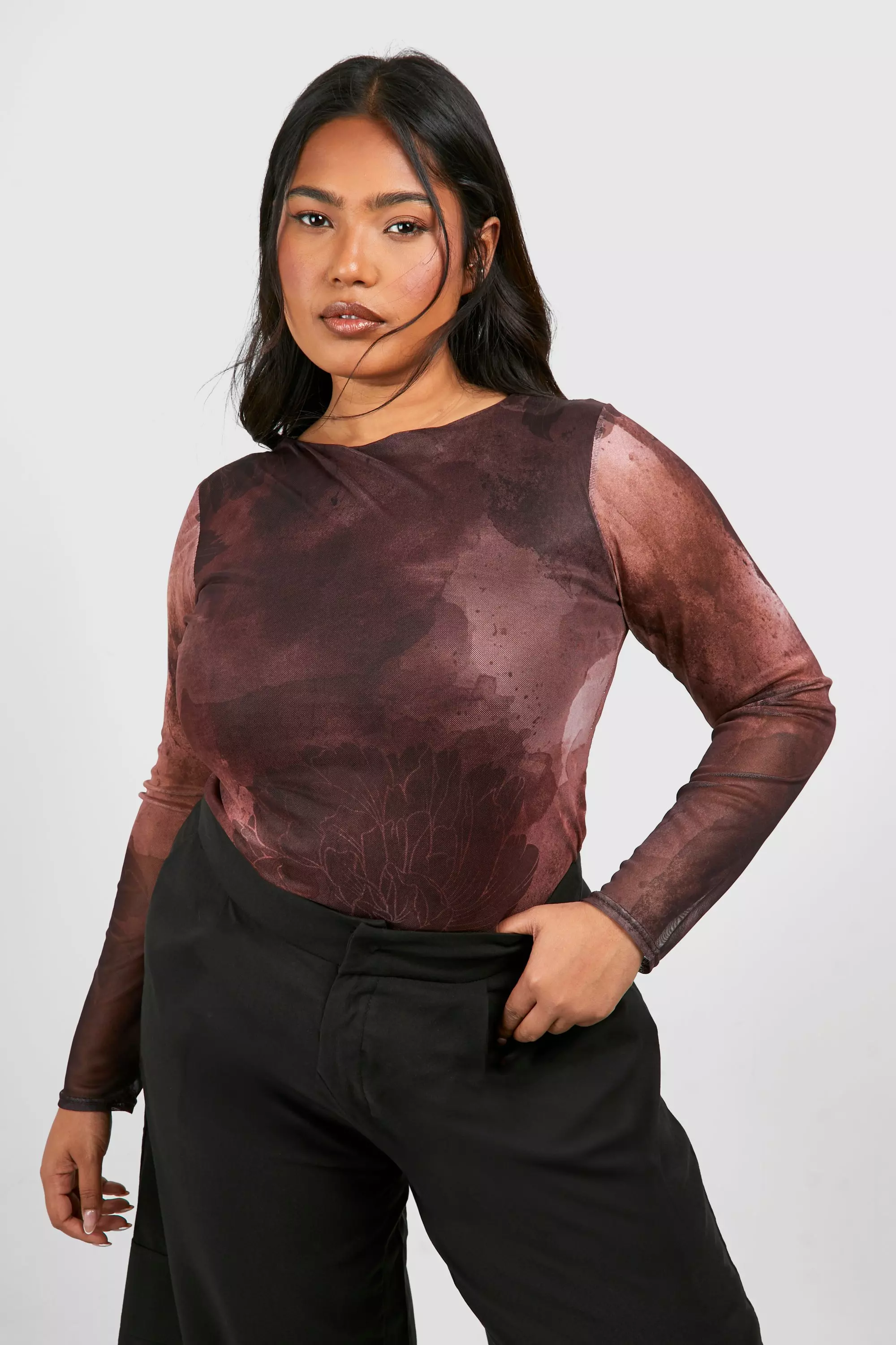 Dark pink Plus Abstract Mesh Long Sleeve Top  alternative image