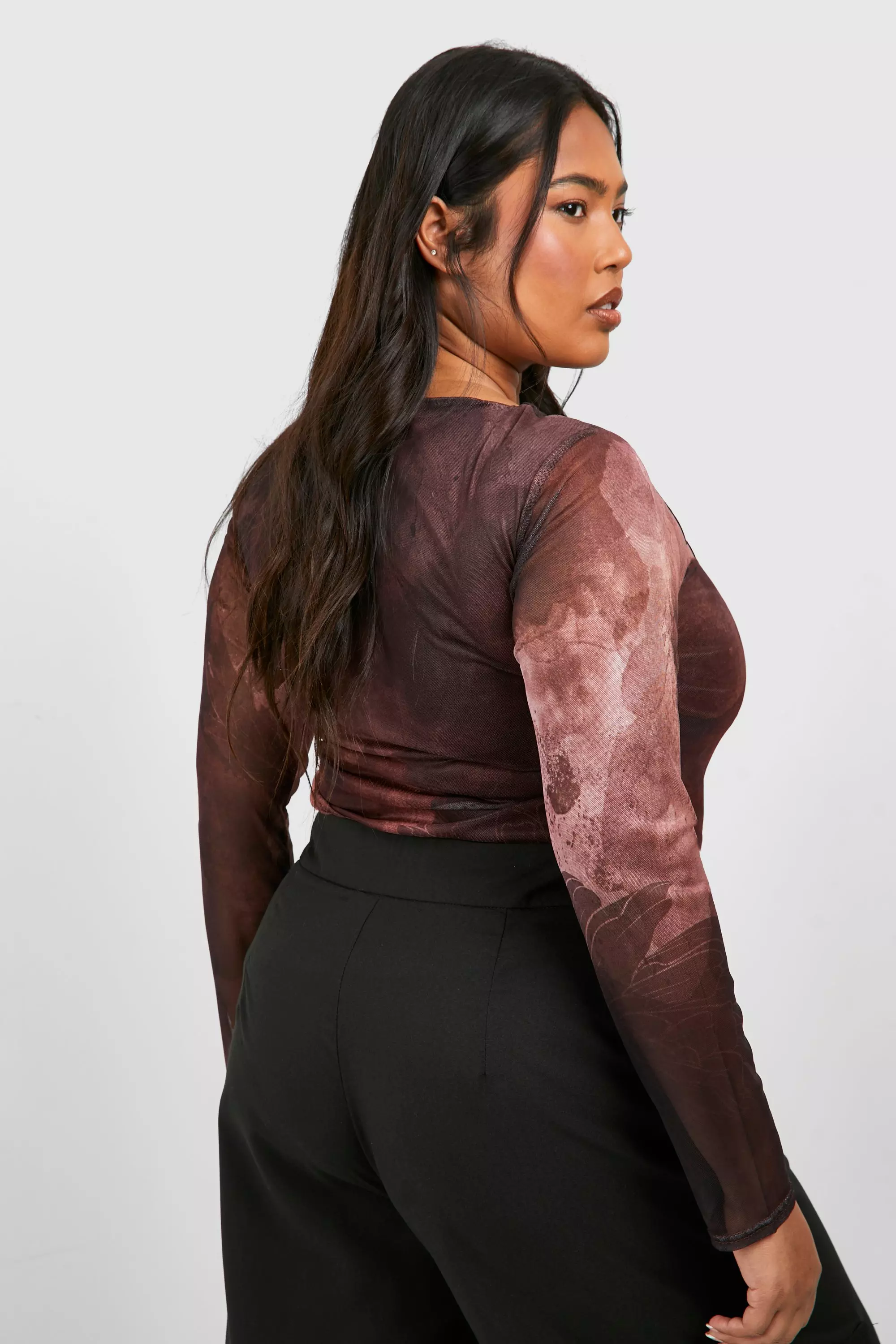 Dark pink Plus Abstract Mesh Long Sleeve Top  alternative image