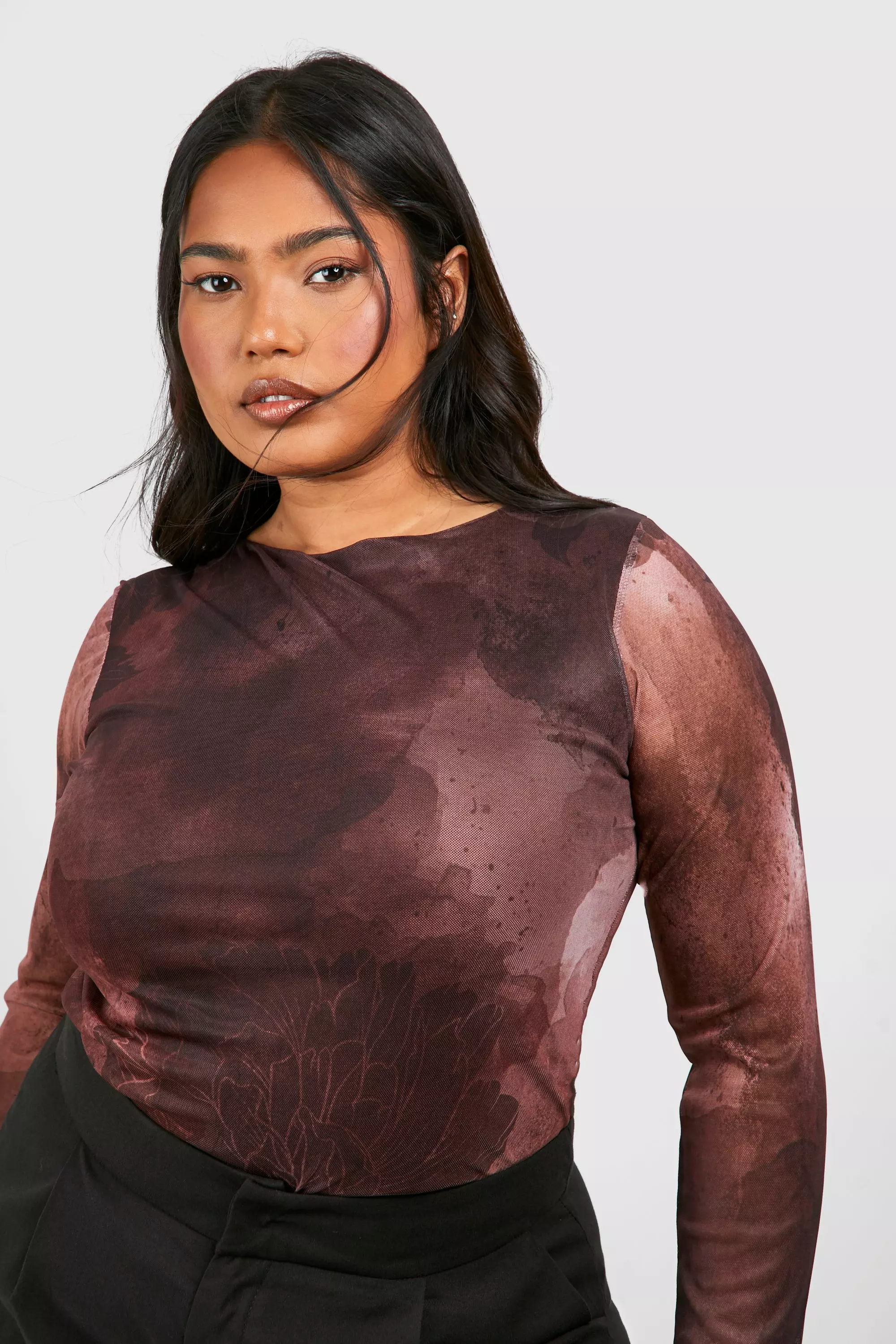 Dark pink Plus Abstract Mesh Long Sleeve Top  alternative image