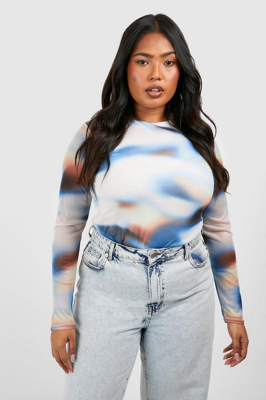 Blue Plus Abstract Marble Mesh Long Sleeve Top