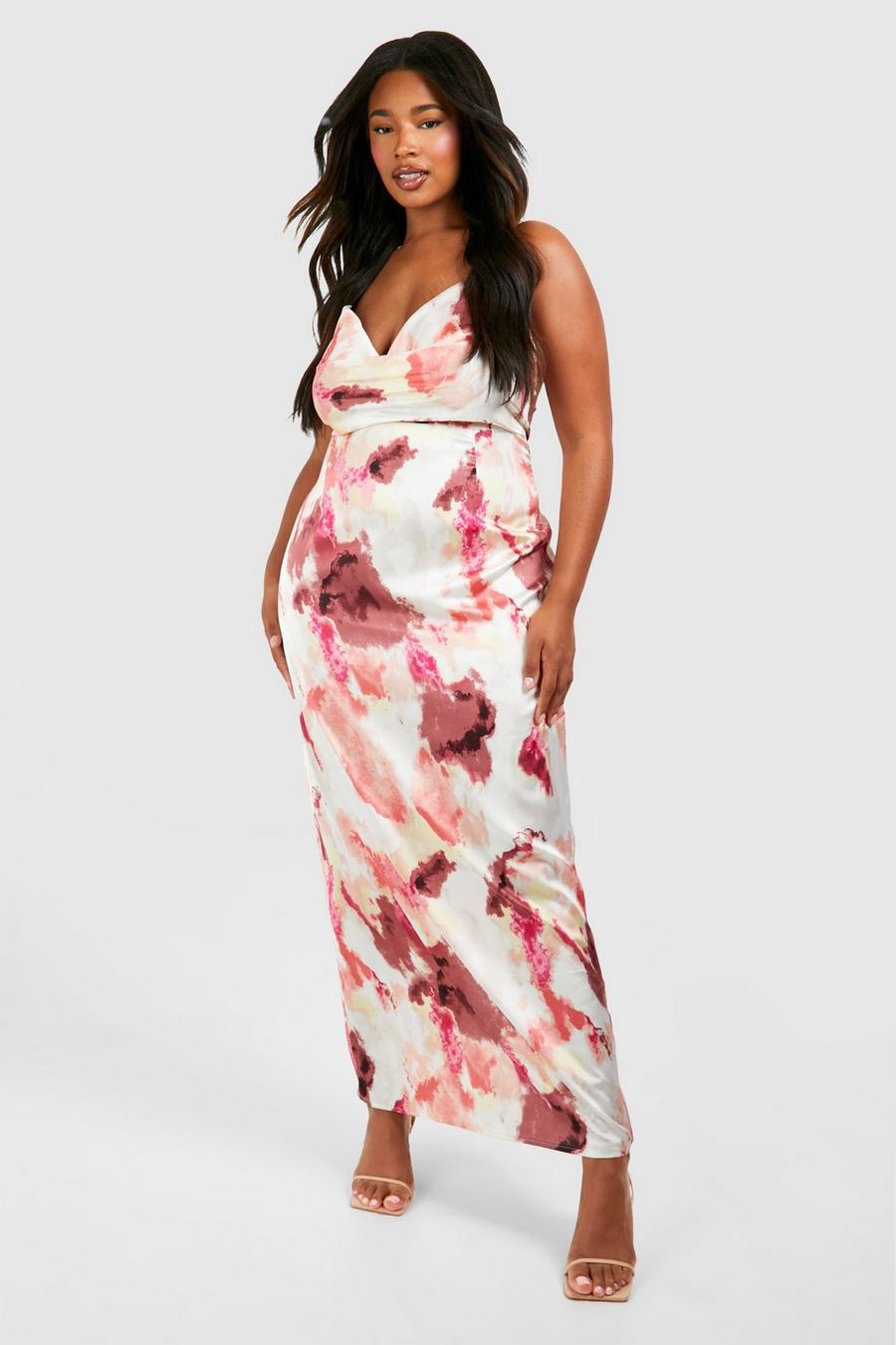 Pink Plus Satijnen Maxi Jurk Met Abstracte Print