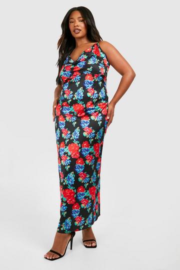 Plus Satijnen Bloemen Maxi Jurk Met Print black