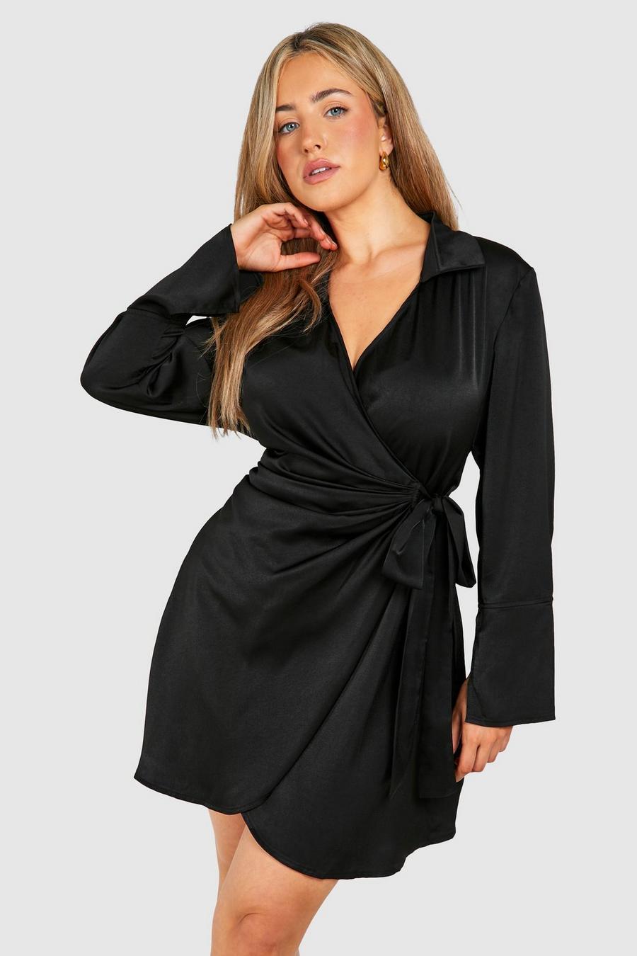 Grande taille - Robe chemise cache-cœur satinée, Black image number 1