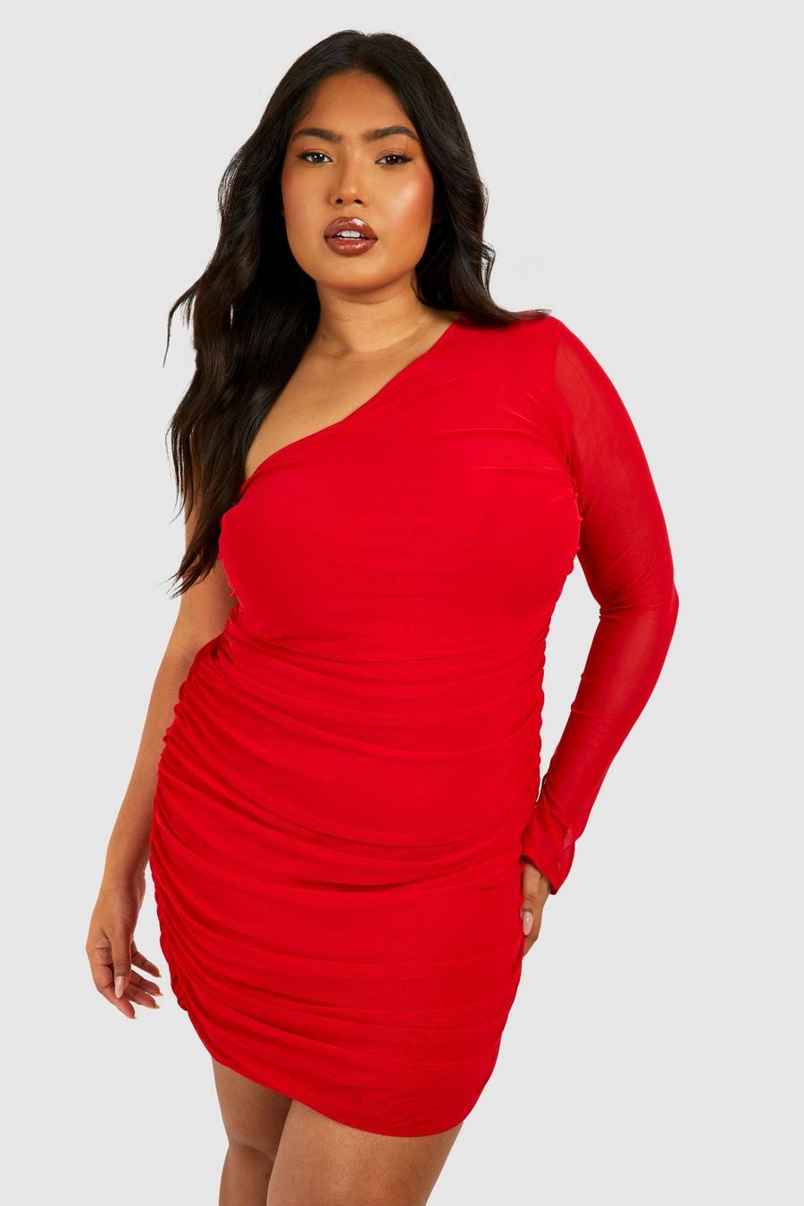 Red Plus Mesh One Shoulder Ruched Bodycon Dress image number 1