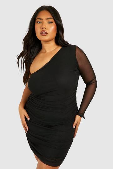 Plus Geplooide Mesh Bodycon Jurk Met Eén Blote Schouder black