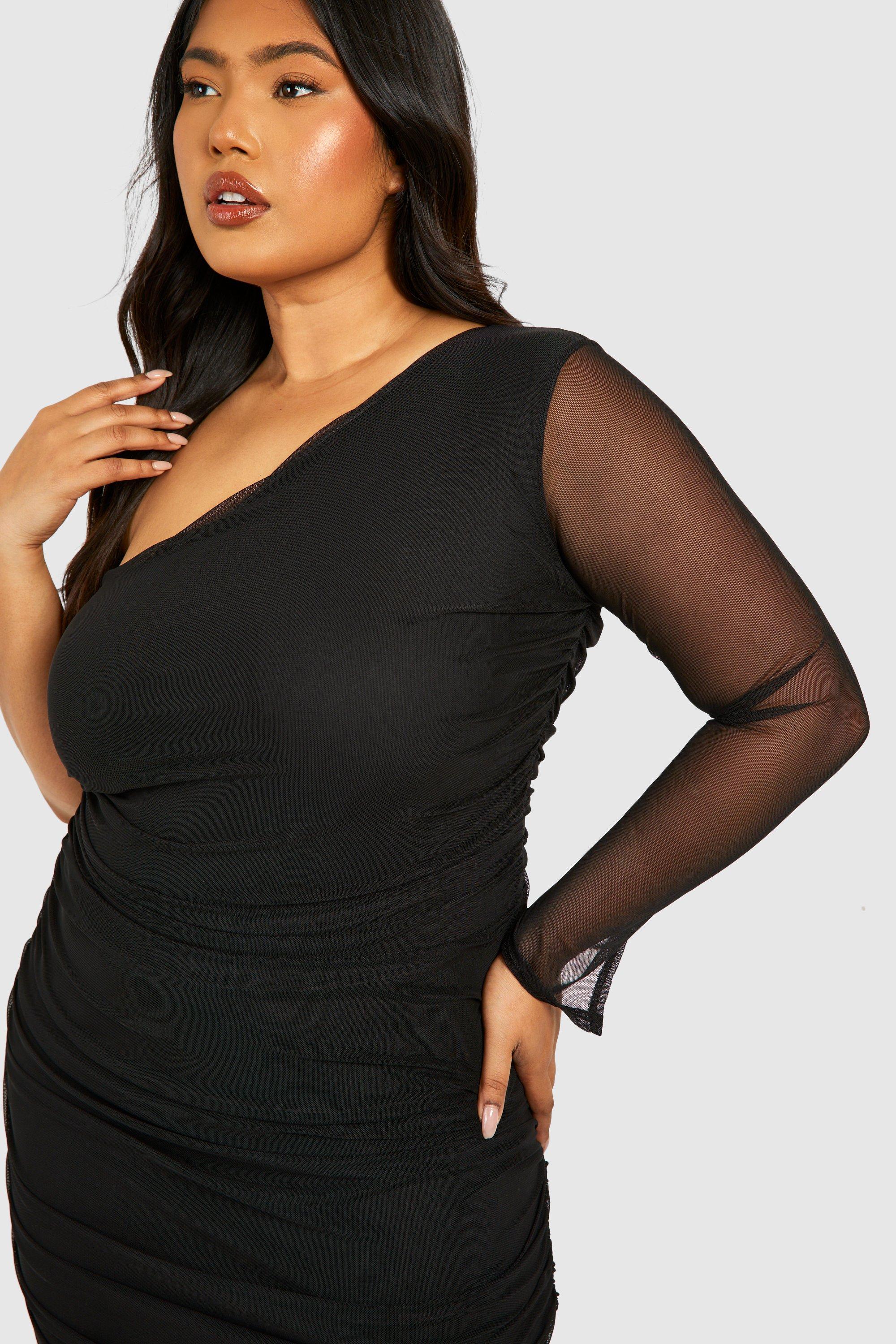 Boohoo Women s Plus Mesh One Shoulder Ruched Bodycon Dress Black