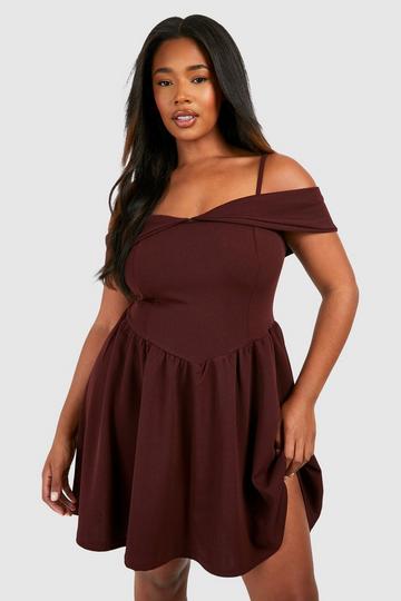 Plus Cold Shoulder Bodice Skater Dress chocolate