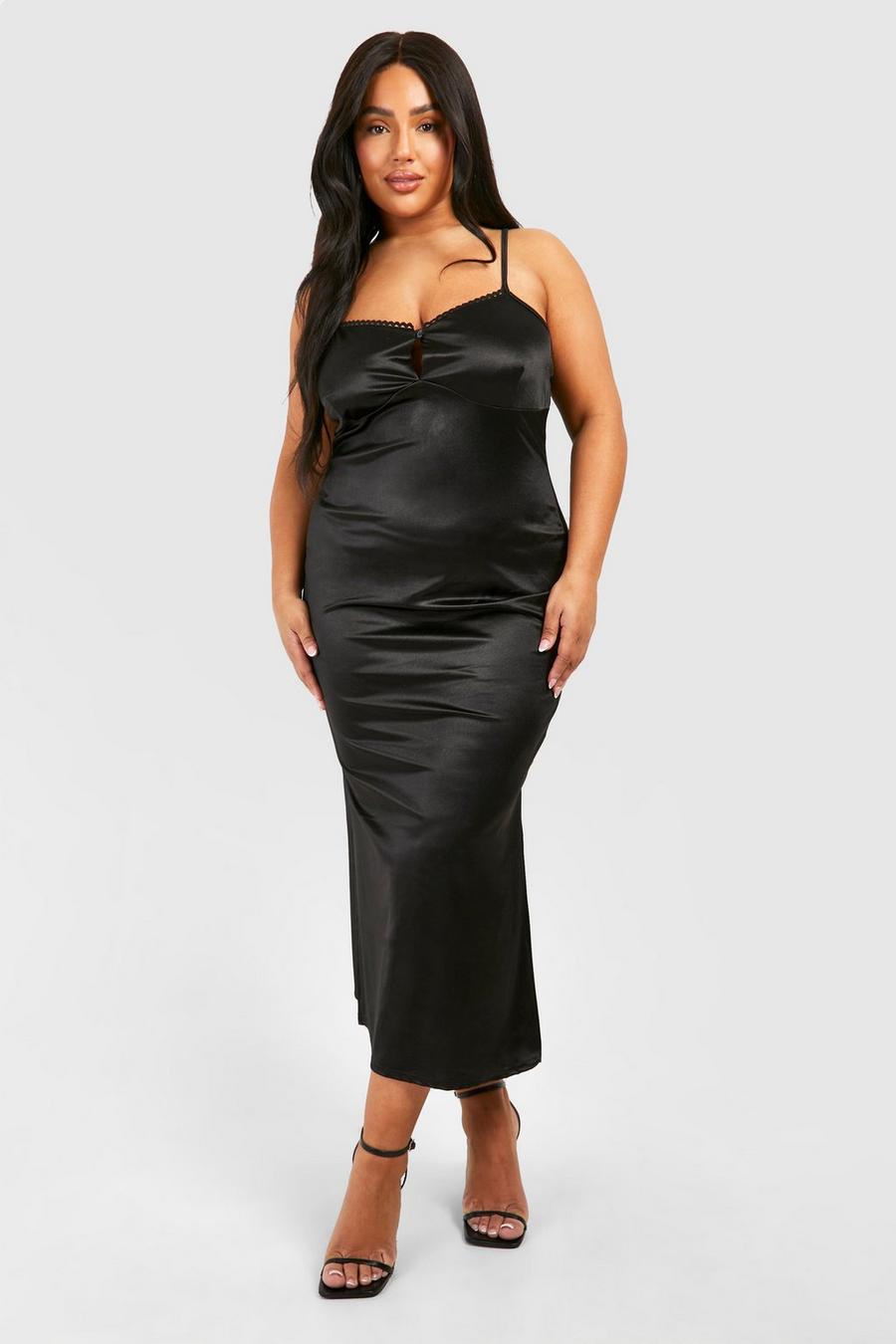 Black Plus Strech Satin Midi Slip Dress image number 1