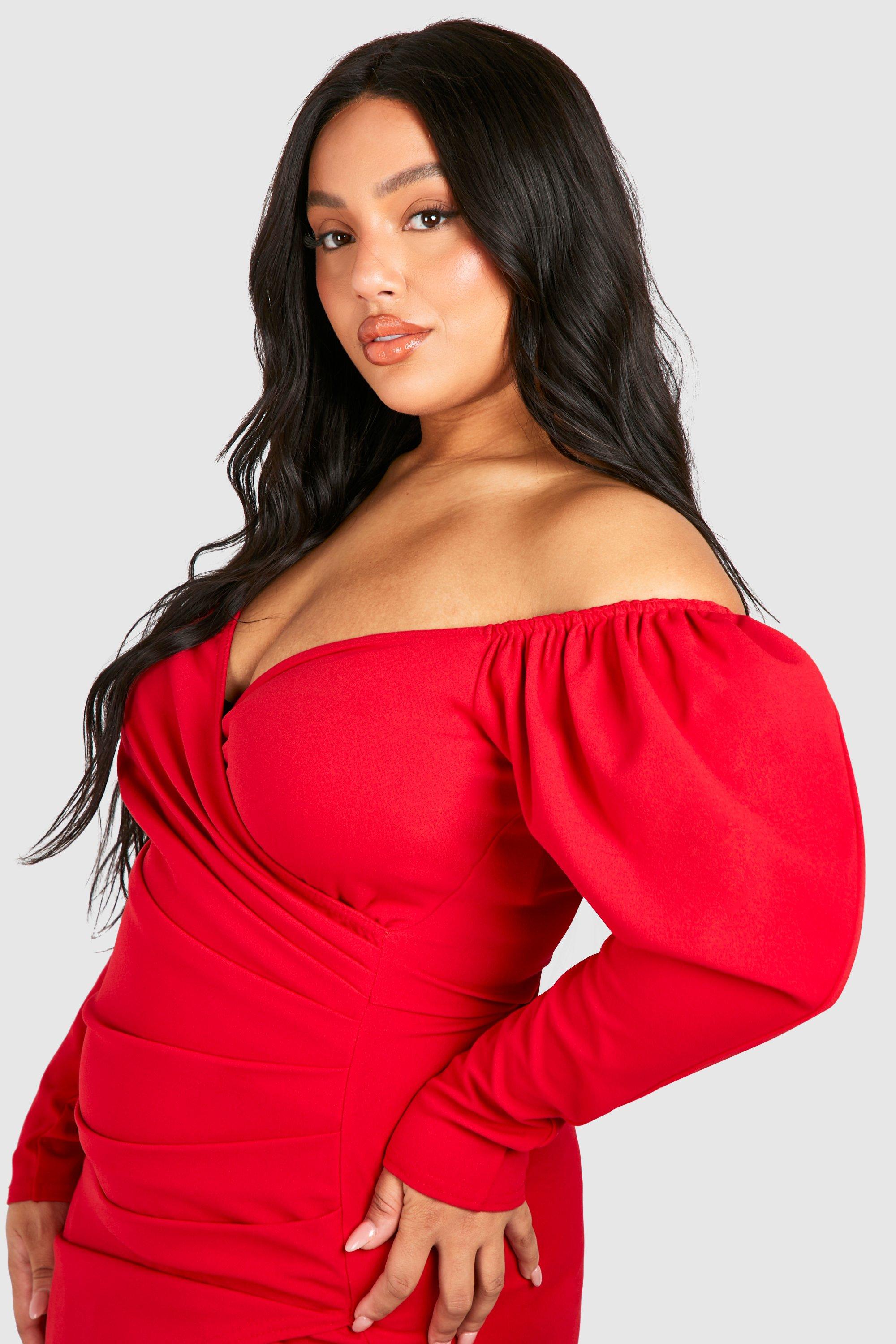 Boohoo red bardot dress hotsell