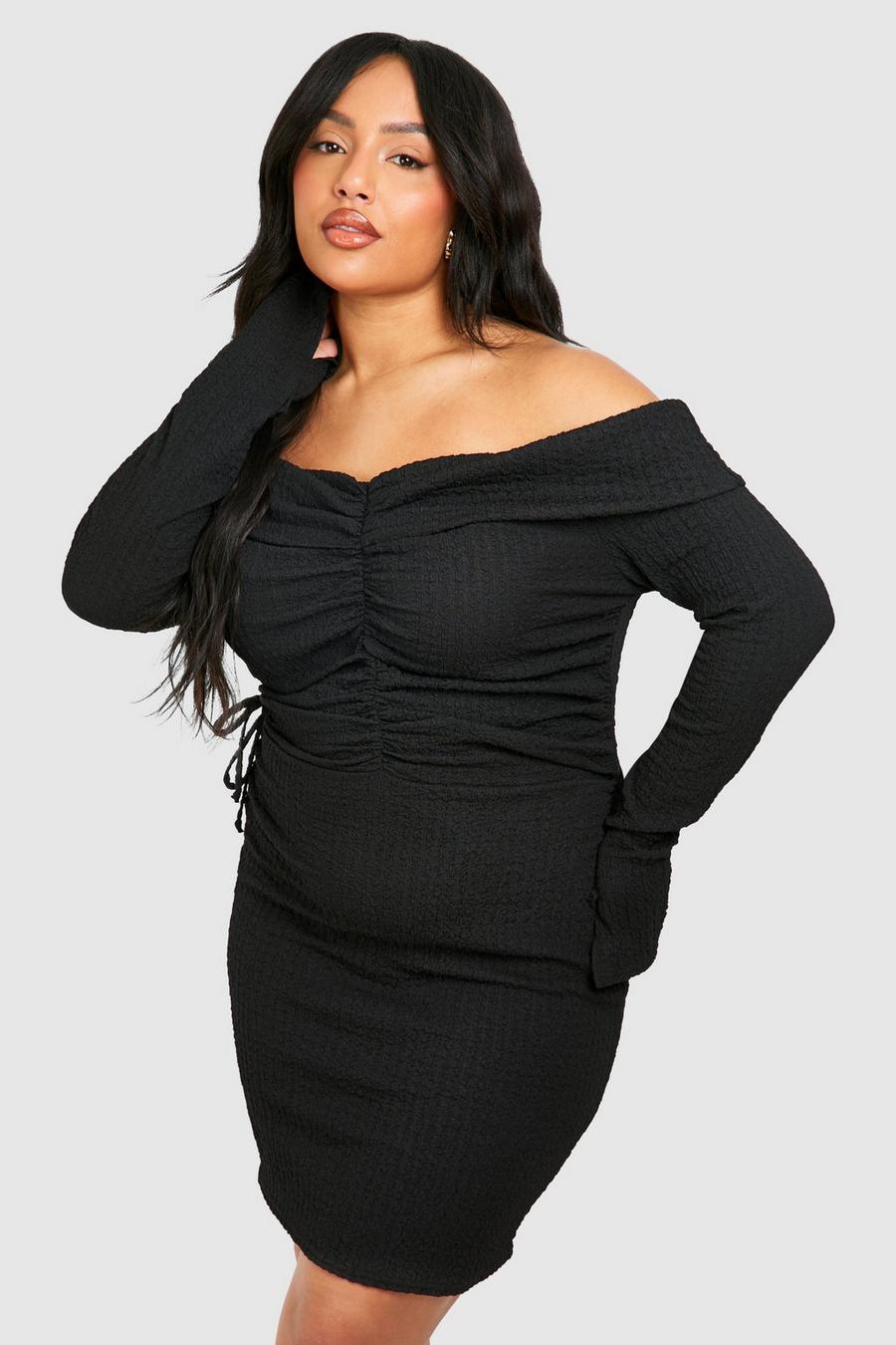 Black Plus Textured Off Shoulder Ruched Bodycon  Dress