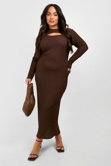 Chocolate Brown Plus Textured Cut Out Column Midaxi Dress