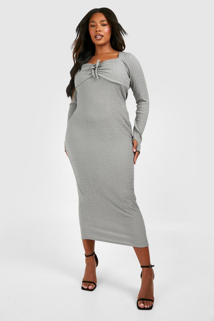 Grey Plus Textured Tie Detail Midaxi Dress