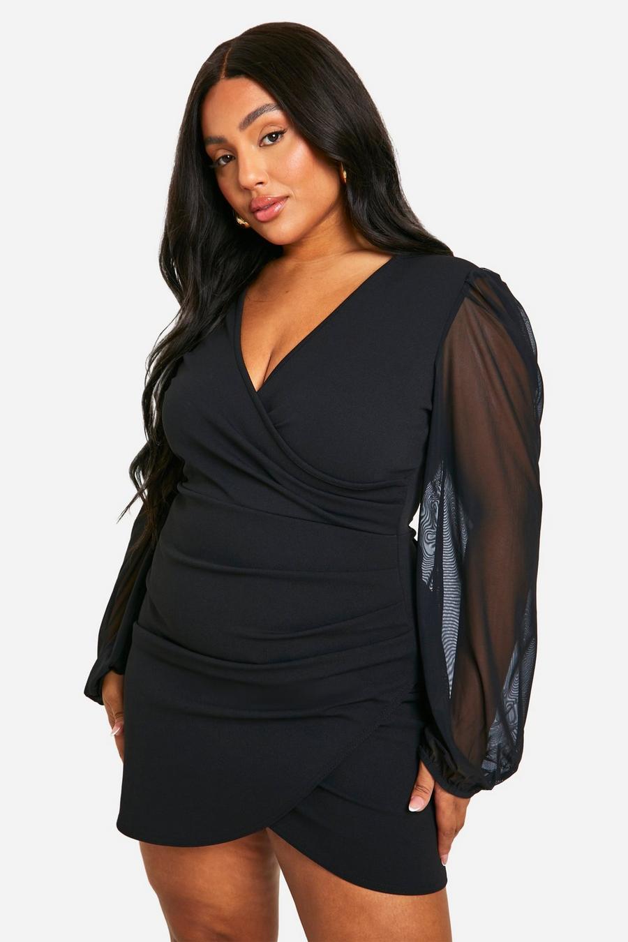 Grande taille - Robe portefeuille en mesh, Black image number 1