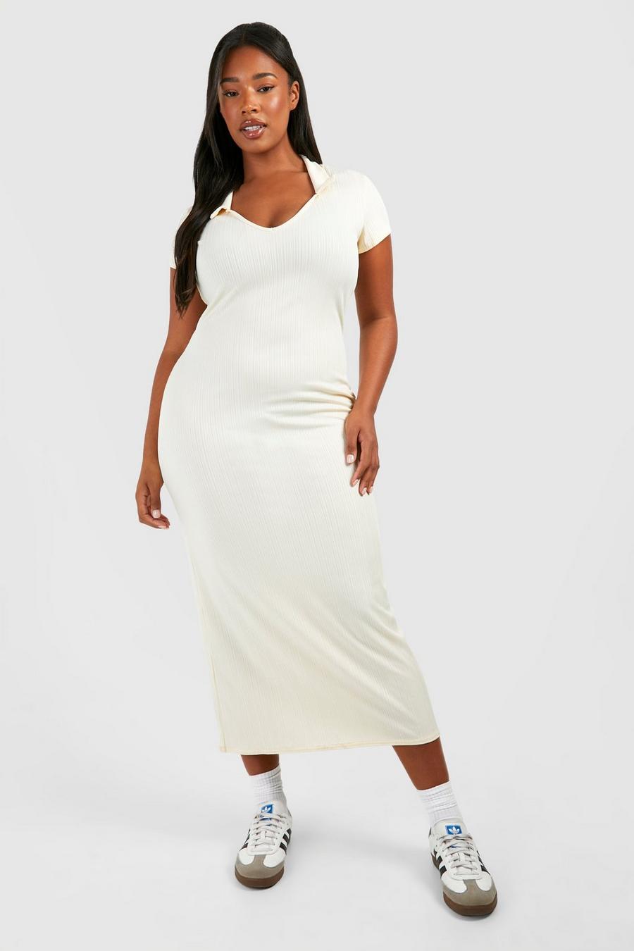 Ecru Plus Rib Collar Short Sleeve Midi Dress