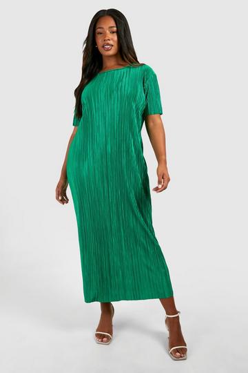 Green Plus Plisse Midaxi Column T-shirt Dress