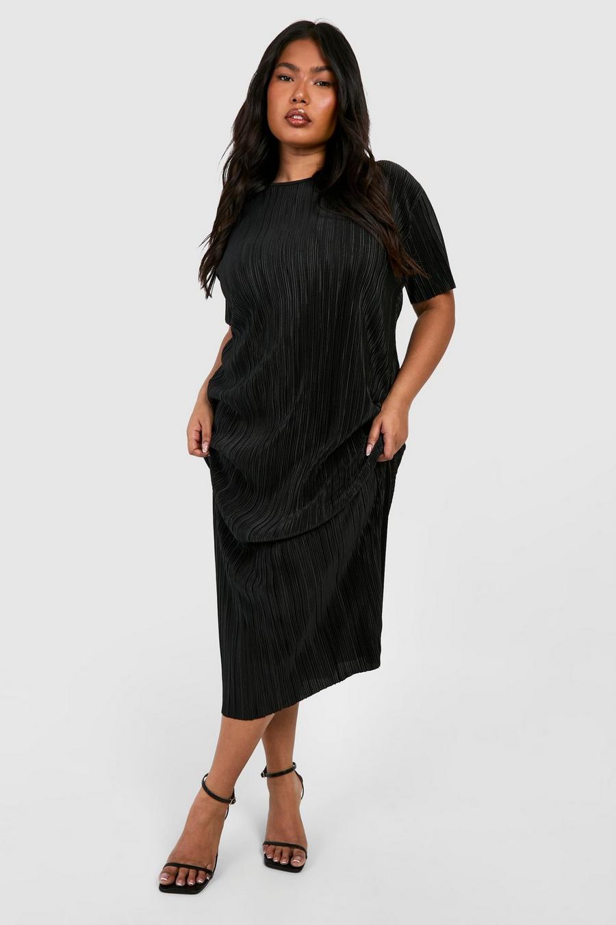 Black Plus Plisse Midi Column T-Shirt Dress image number 1