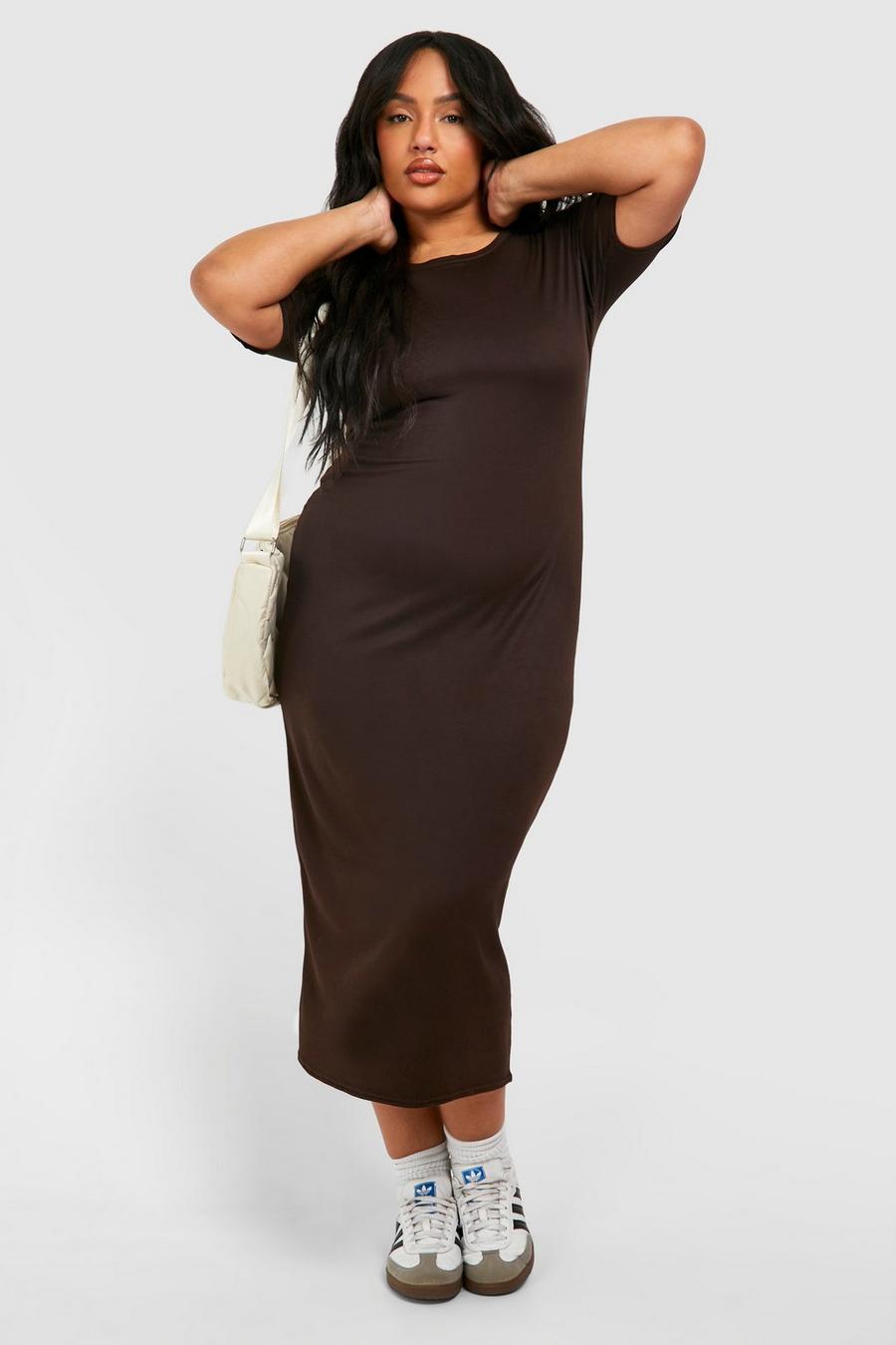 Plus superweiches Jersey-Kleid mit gerafften Ärmeln, Chocolate image number 1