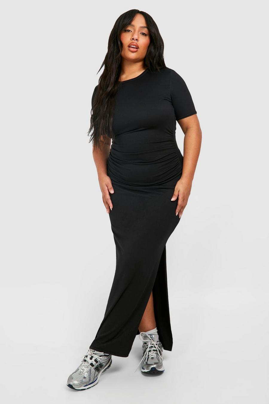 Black Plus Super Soft Jersey Knit Ruched Split T-Shirt Dress image number 1
