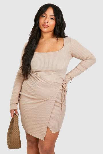 Stone Beige Plus Soft Rib Wrap Dress