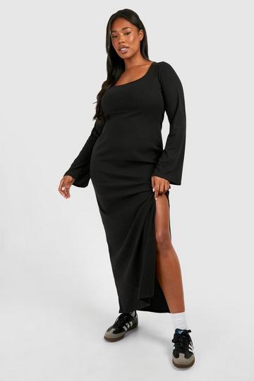 Black Plus Soft Rib Flared Sleeve Split Dress