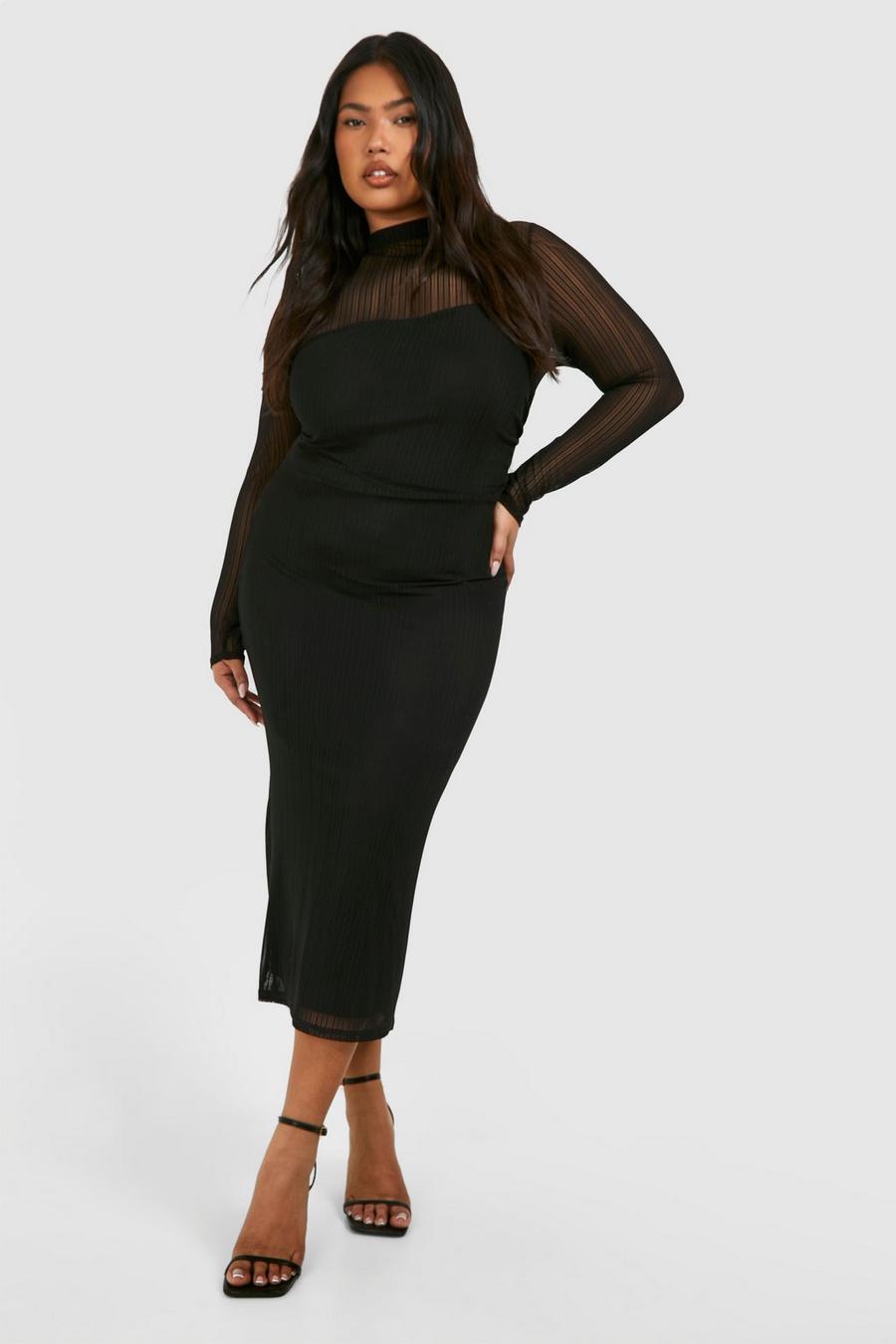 Black Plus Rib Mesh Long Sleeve Midi Dress image number 1