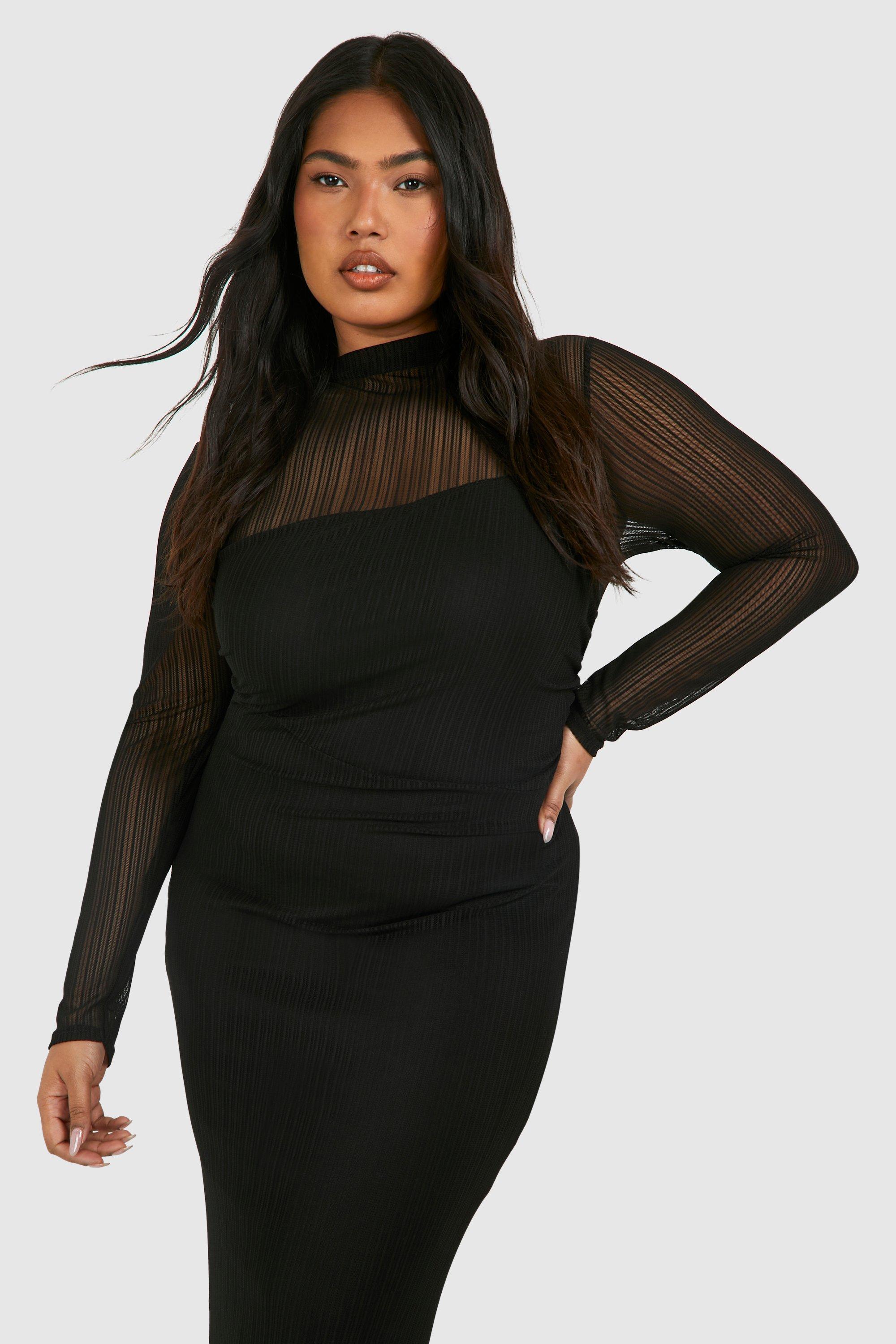 Plus Rib Mesh Long Sleeve Midi Dress