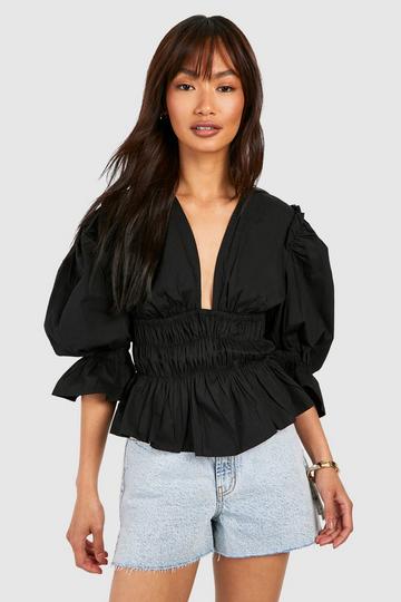 Volume Sleeve Tie Back Cotton Poplin Top black