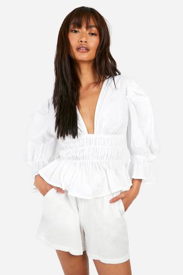 Volume Sleeve Tie Back Cotton Poplin Top white