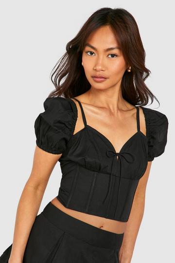 Cotton Poplin Puff Sleeve Corset With Boning black