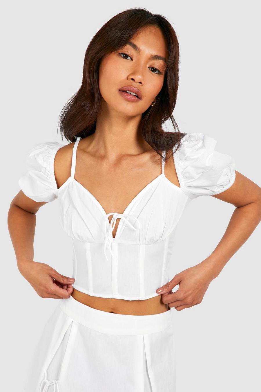 White Cotton Poplin Puff Sleeve Corset With Boning  image number 1