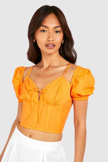 Cotton Poplin Puff Sleeve Corset With Boning orange