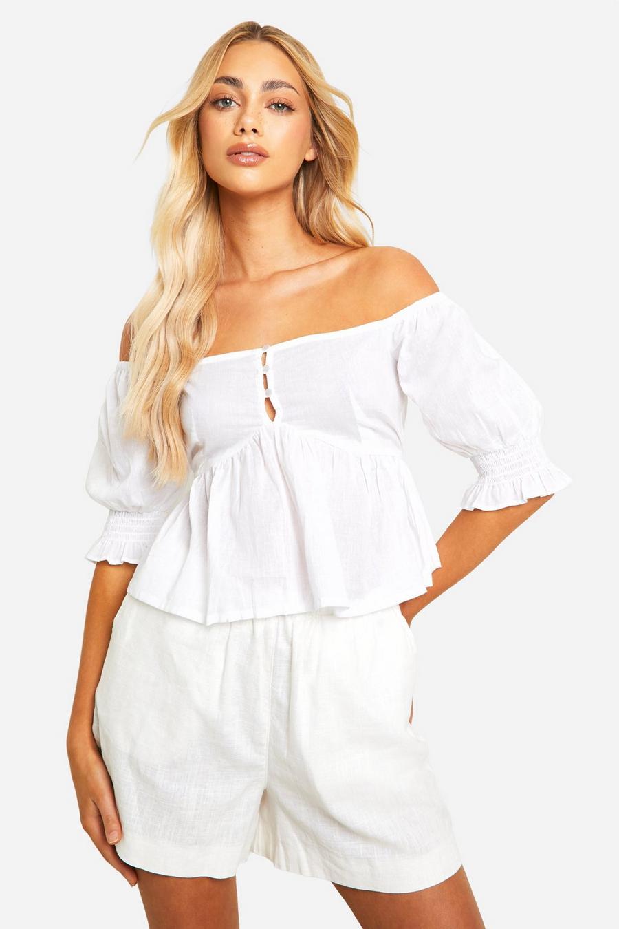 White Off The Shoulder Smock With Shirred Cuffs Cotton Top image number 1