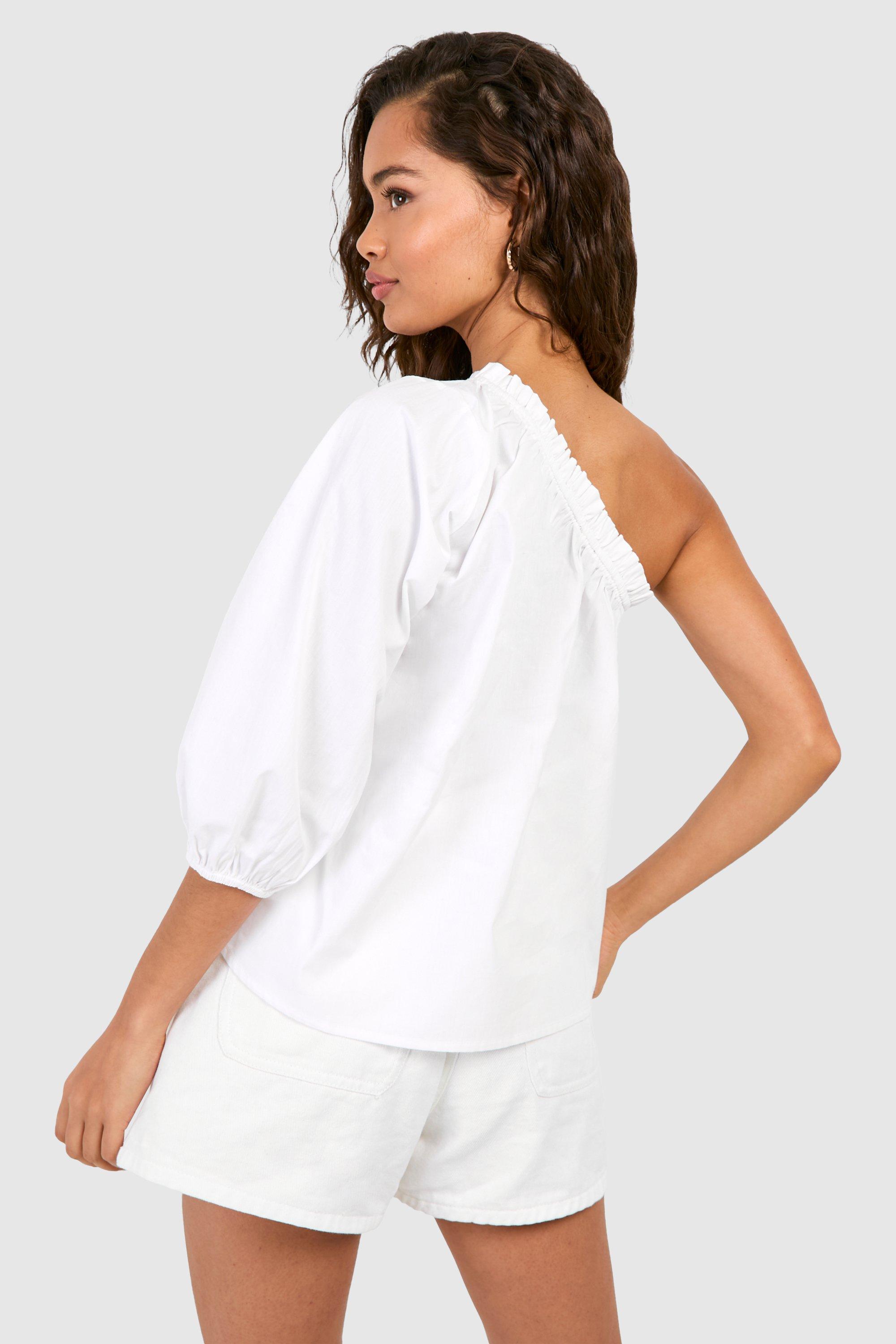 Puff Sleeve One Shoulder Cotton Poplin Top | boohoo