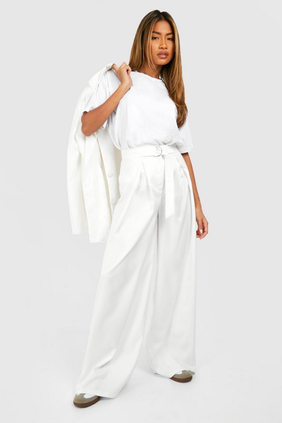 Ivory Satin Belted Wide Leg Trouser 