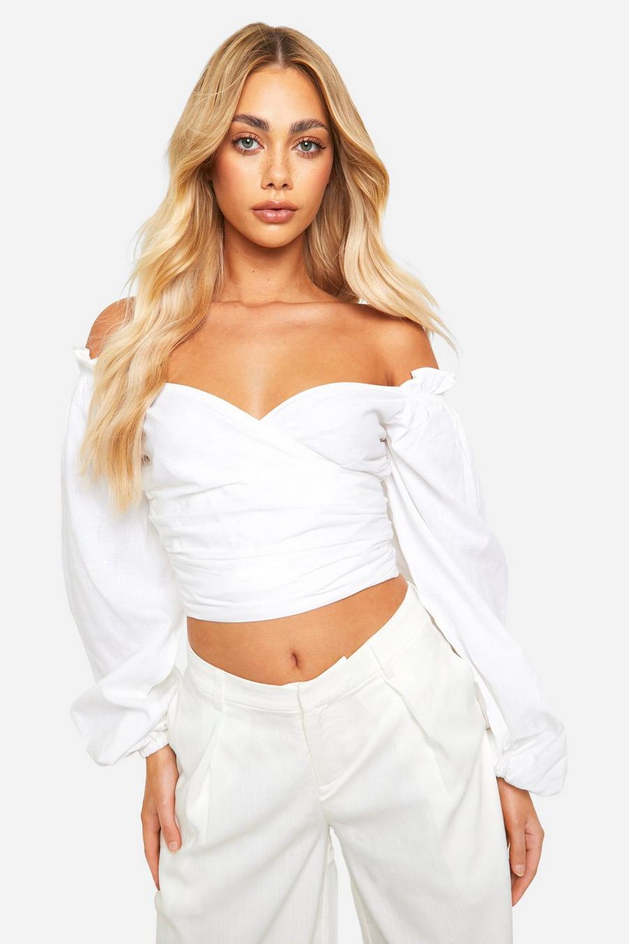 White Puff Sleeve Off The Shoulder Linen Crop