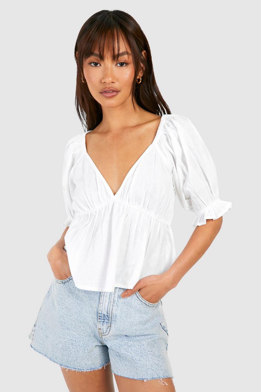 White Puff Sleeve Smock Linen Top
