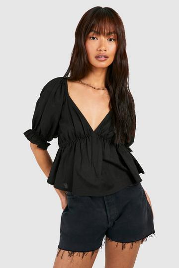 Puff Sleeve Smock Linen Look Top black