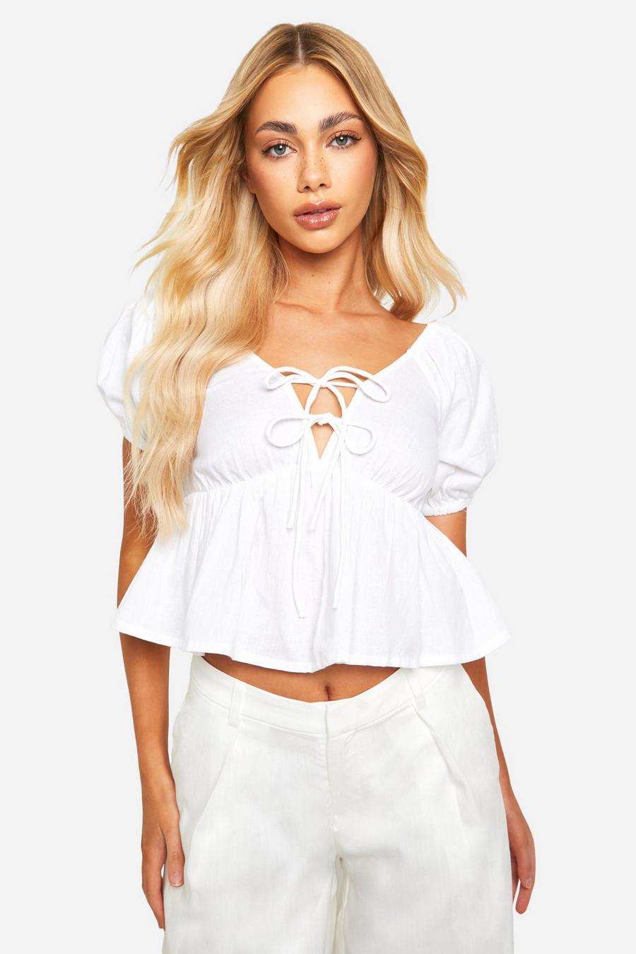 White Puff Sleeve Bardot Smock Linen Top image number 1