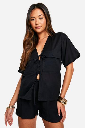 Boxy Linen Look Look Tie Shirt black