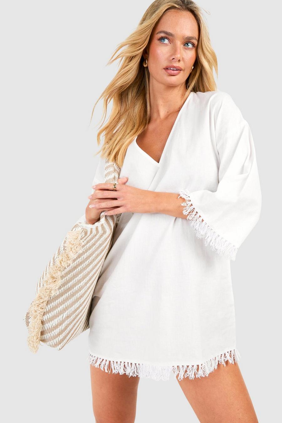 White Linen Look Raw Edge Cover-up Beach Dress image number 1