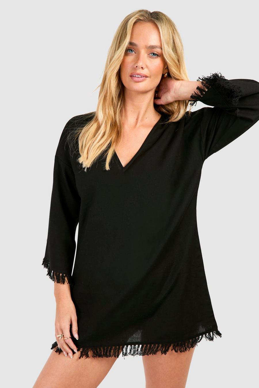 Black Linen Look Raw Edge Cover-up Beach Dress image number 1