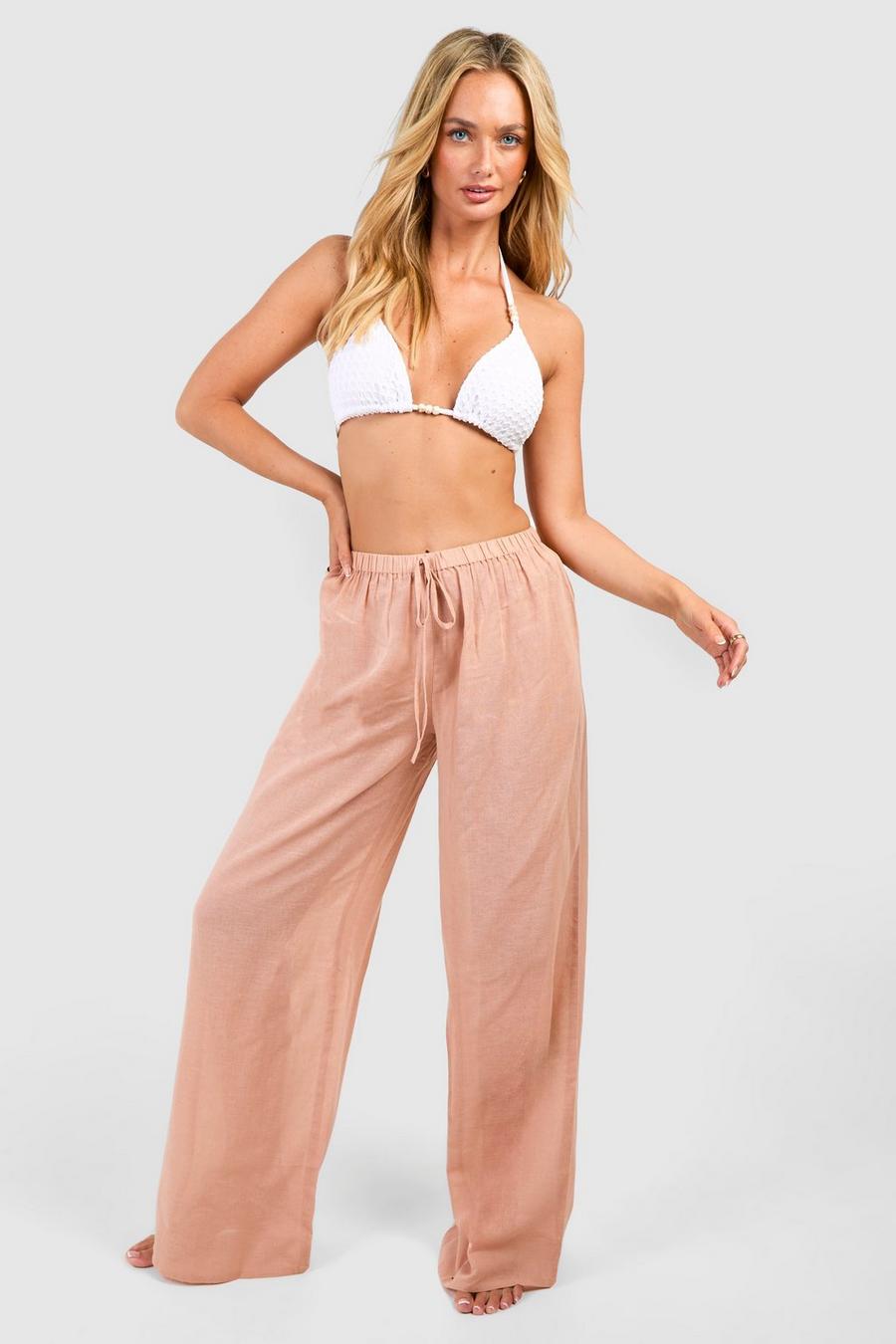 Sand Linen Look Wide Leg Beach Trousers image number 1