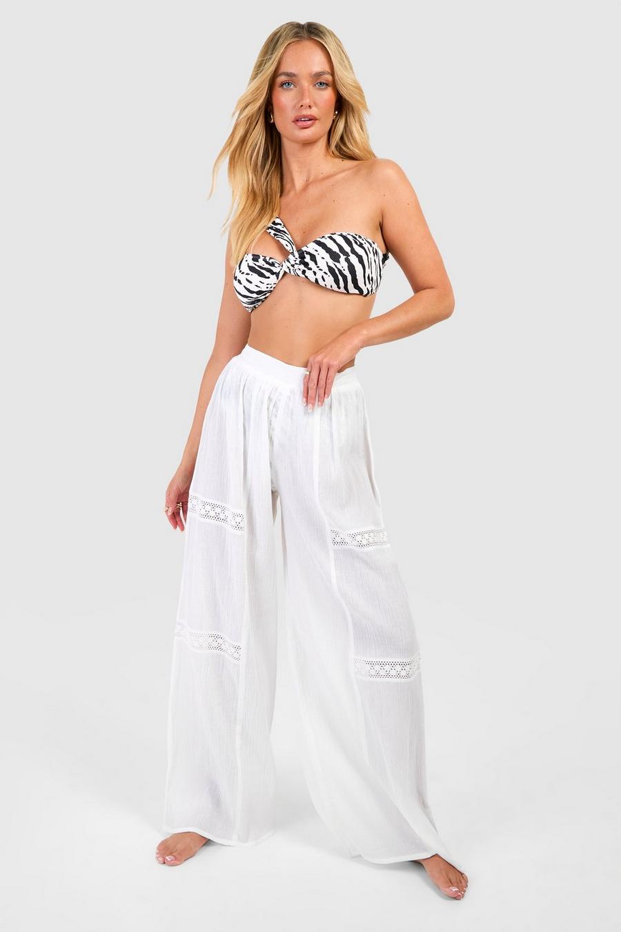 Pantalon de plage large à détails en dentelle, White